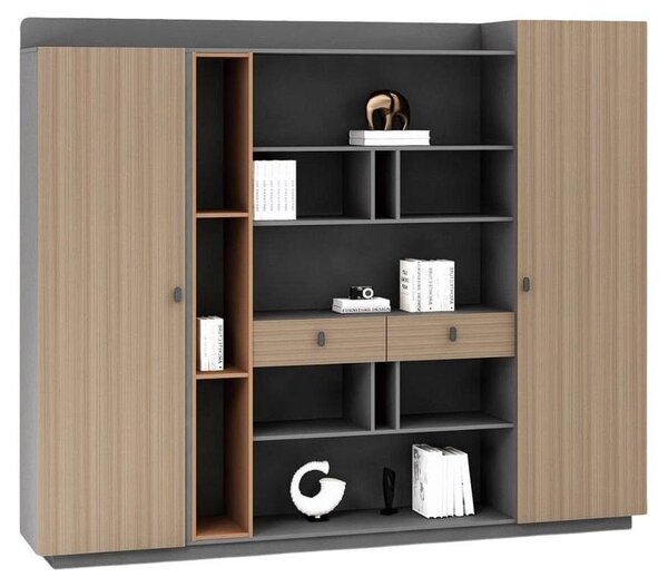 Armadio moderno in legno per ufficio, ideale per archiviare documenti, design elegante, colore marrone. Arredamento da ufficio