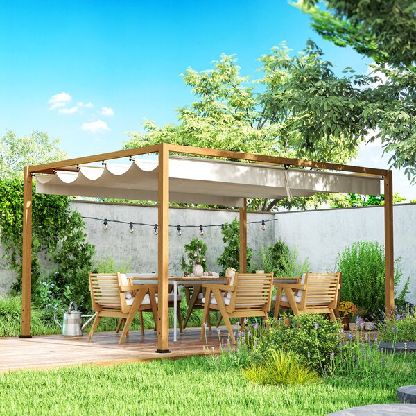 Outsunny Pergola da esterno 4 x 3 m con tetto retrattile e struttura in alluminio effetto legno