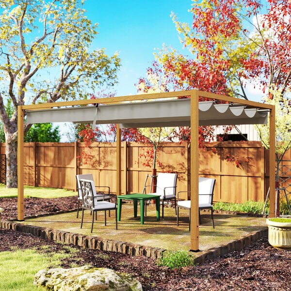 Outsunny Pergola da esterno 4 x 3 m con tetto retrattile e struttura in alluminio effetto legno