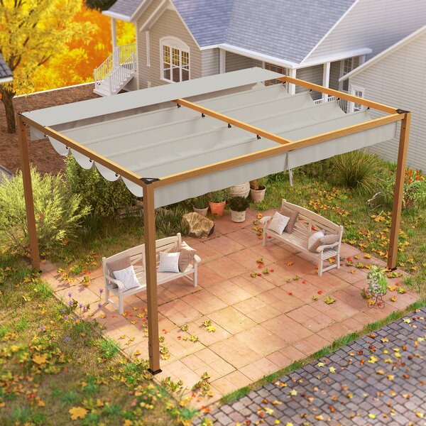 Outsunny Pergola da esterno 4 x 3 m con tetto retrattile e struttura in alluminio effetto legno