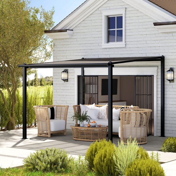 Outsunny Pergola da giardino esterno in alluminio 3 x 3 m con tetto in policarbonato impermeabile e sistema di drenaggio, grigio