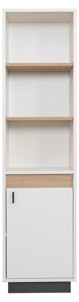 Libreria bianca e marrone, mobiletto in legno stretto, stile moderno, ideale per una camera da letto giovanile