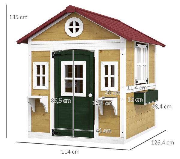 Outsunny Casetta in Legno per Bambini con Porta, Finestre, Fioriere e Mensole con Dettagli Colorati 114x126,4x135 cm Naturale | Aosom Italy