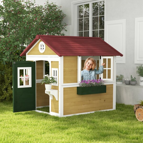 Outsunny Casetta in Legno per Bambini con Porta, Finestre, Fioriere e Mensole con Dettagli Colorati 114x126,4x135 cm Naturale | Aosom Italy