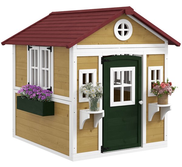 Outsunny Casetta in Legno per Bambini con Porta, Finestre, Fioriere e Mensole con Dettagli Colorati 114x126,4x135 cm Naturale | Aosom Italy