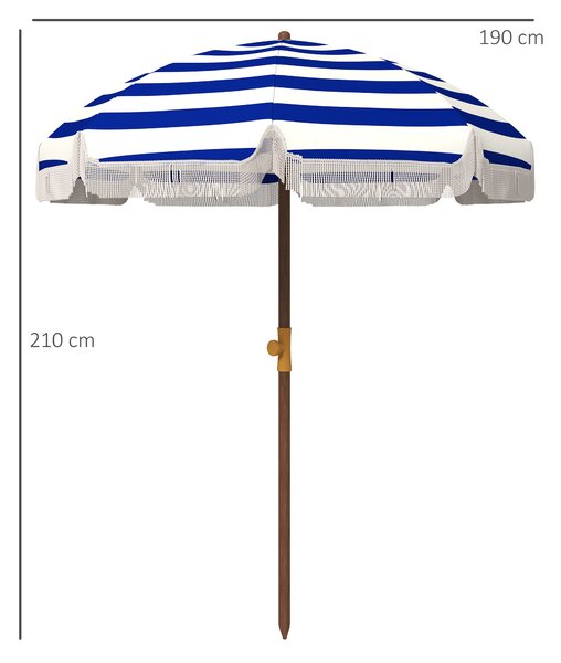 Outsunny Ombrellone da Spiaggia con Frange Ø190x210 cm con Protezione UV40+ Antivento Impermeabile Borsa per il Trasporto Blu e bianco | Aosom Italy