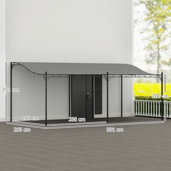 Outsunny Pergola da Parete 3x6 m con Tetto Inclinato Fori di Drenaggio e Struttura Metallica Grigio scuro | Aosom Italy