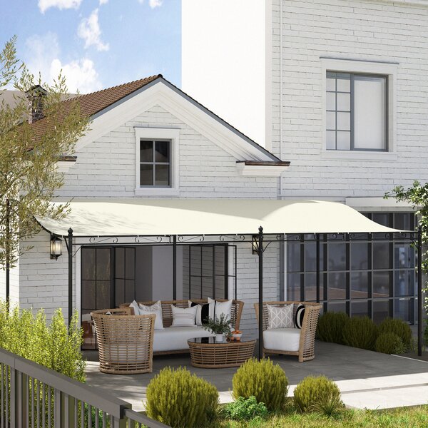 Outsunny Pergola da Parete 3x6 m con Tetto Inclinato Fori di Drenaggio e Struttura Metallica Bianco Crema | Aosom Italy