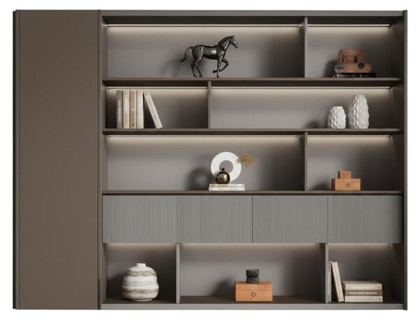 Armadietto moderno per ufficio, dotato di scaffali eleganti e dettagli raffinati