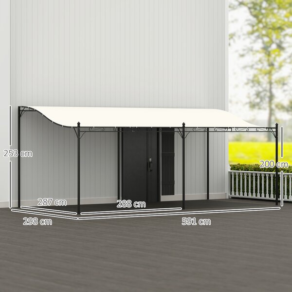 Outsunny Pergola da Parete 3x6 m con Tetto Inclinato Fori di Drenaggio e Struttura Metallica Bianco Crema | Aosom Italy