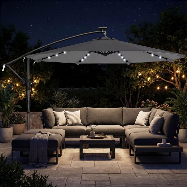 Outsunny Ombrellone a braccio con Luci LED Solari 330x295 cm Ombrellone con Base a Croce Manovella Copertura Protettiva Grigio scuro | Aosom Italy