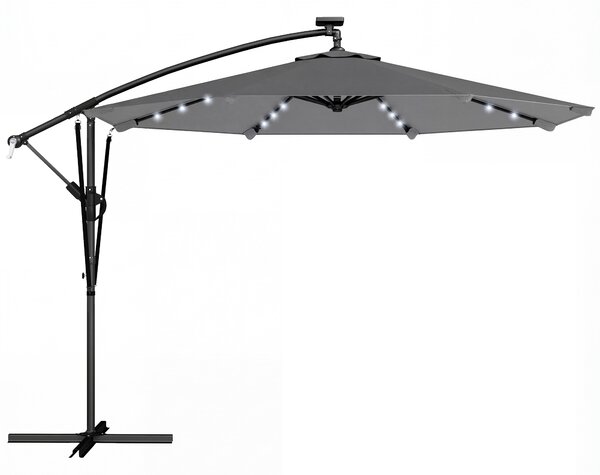 Outsunny Ombrellone a braccio con Luci LED Solari 330x295 cm Ombrellone con Base a Croce Manovella Copertura Protettiva Grigio scuro | Aosom Italy