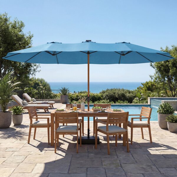 Outsunny Ombrellone da giardino doppio 459 x 269 cm, ombrellone da esterno con base inclusa, manovella, protezione UV, blu | Aosom Italy