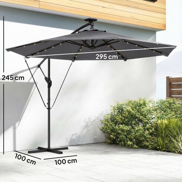 Outsunny Ombrellone a braccio con Luci LED Solari 330x295 cm Ombrellone con Base a Croce Manovella Copertura Protettiva Grigio scuro | Aosom Italy