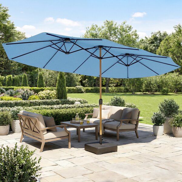 Outsunny Ombrellone da giardino doppio 459 x 269 cm, ombrellone da esterno con base inclusa, manovella, protezione UV, blu | Aosom Italy