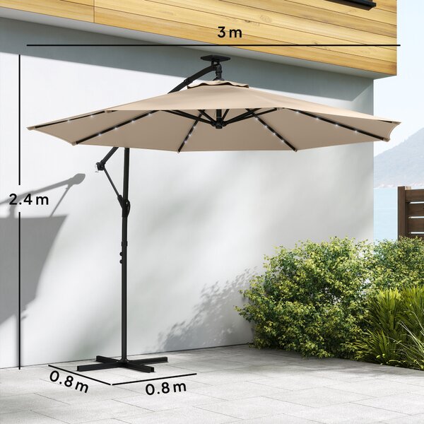 Outsunny Ombrellone a braccio LED solare ca. Ø300 cm girevole Ombrellone con manovella Base Custodia protettiva Beige | Aosom Italy