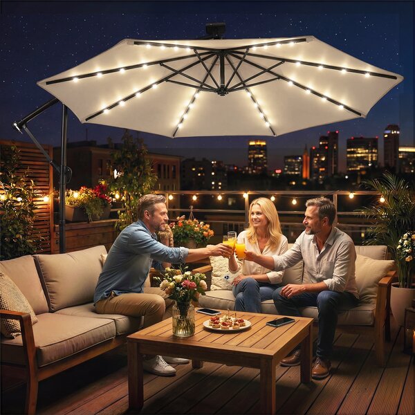 Outsunny Ombrellone a braccio LED solare ca. Ø300 cm girevole Ombrellone con manovella Base Custodia protettiva Beige | Aosom Italy