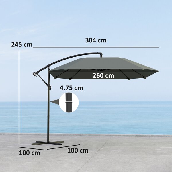 Outsunny Ombrellone a braccio 3 m, ombrellone da giardino esterno inclinabile, base, manovella, telo in poliestere 180 g/m², Grigio scuro | Aosom Italy