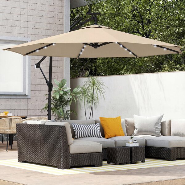 Outsunny Ombrellone a braccio LED solare ca. Ø300 cm girevole Ombrellone con manovella Base Custodia protettiva Beige | Aosom Italy