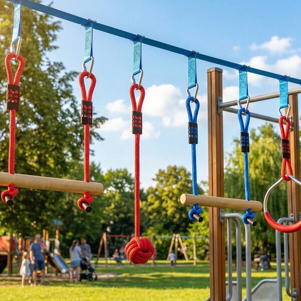 AIYAPLAY Ninja Line Bambini 10m Set Slackline 9 pezzi con 2 anelli ginnici, altalena 3-in-1, 2 sbarre da arrampicata per 3-8 anni Multicolore | Aosom Italy