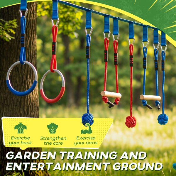 AIYAPLAY Ninja Line Bambini 10m Set Slackline 9 pezzi con 2 anelli ginnici, altalena 3-in-1, 2 sbarre da arrampicata per 3-8 anni Multicolore | Aosom Italy