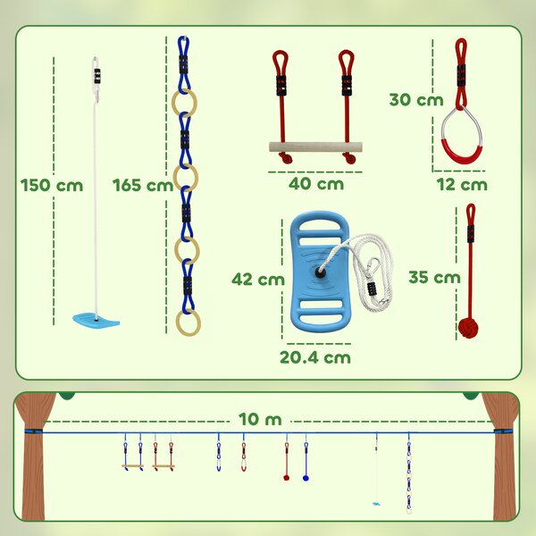 AIYAPLAY Ninja Line Bambini 10m Set Slackline 9 pezzi con 2 anelli ginnici, altalena 3-in-1, 2 sbarre da arrampicata per 3-8 anni Multicolore | Aosom Italy