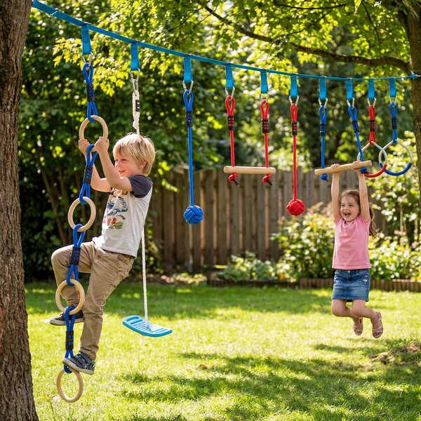 AIYAPLAY Ninja Line Bambini 10m Set Slackline 9 pezzi con 2 anelli ginnici, altalena 3-in-1, 2 sbarre da arrampicata per 3-8 anni Multicolore | Aosom Italy