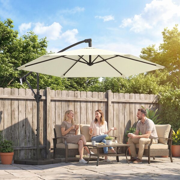 Outsunny Ombrellone decentrato 3 m con base a croce e lastre di zavorra, ombrellone da giardino esterno con manovella, crema | Aosom Italy