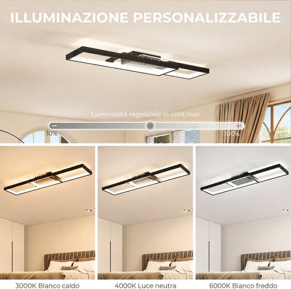 HOMCOM Lampada LED a Soffitto Dimmerabile 3000-6000K con Telecomando e Interruttore, 70x30 cm, Nero | Aosom Italy