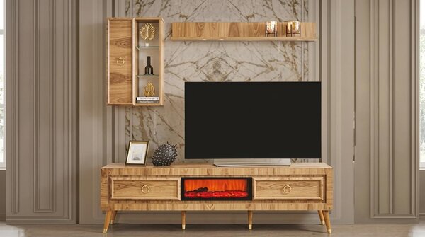 Mobile TV a parete, pensile, ripiano, stile moderno, colore marrone, camino