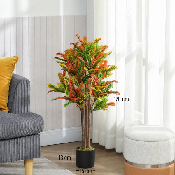 HOMCOM Pianta Artificiale di Croton Multicolore in PEVA e Legno con Vaso Contenitore in PP e Cemento, 55x55x120 cm | Aosom Italy