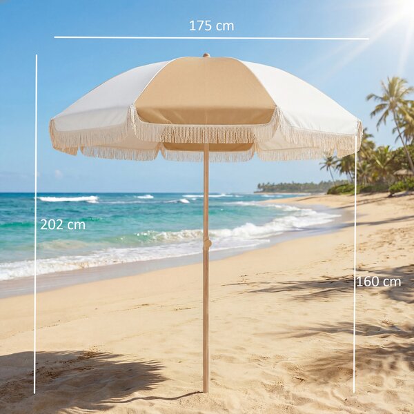 Outsunny Ombrellone da Spiaggia con Frange Ø175 cm Ombrellone per Terrazza Esterno con Altezza Regolabile Inclinazione 30° Bianco e Beige | Aosom Italy