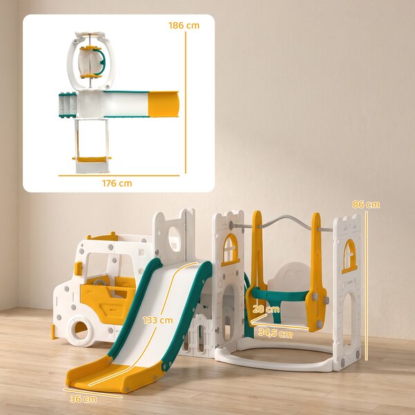 AIYAPLAY 7 in 1 Set Scivolo Bambini con Altalena, Tema Auto, Scaletta, Tunnel, Contenitore e Gradini Antiscivolo, Bianco | Aosom Italy
