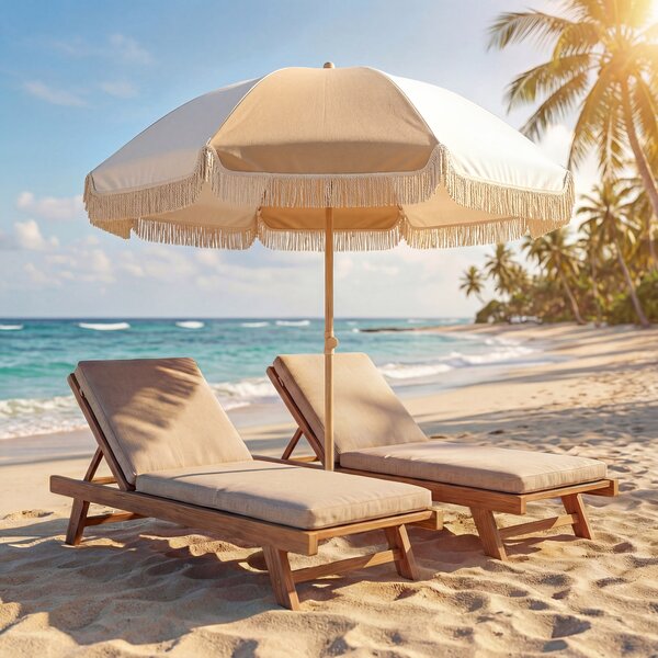 Outsunny Ombrellone da Spiaggia con Frange Ø175 cm Ombrellone per Terrazza Esterno con Altezza Regolabile Inclinazione 30° Bianco e Beige | Aosom Italy