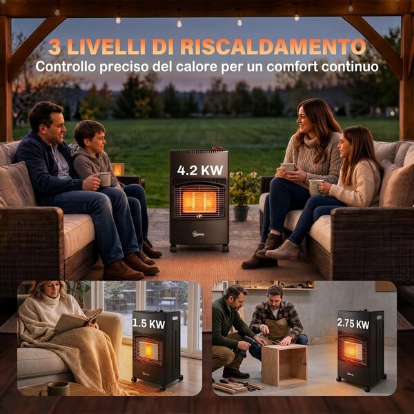 Outsunny Stufa a Gas 4.2 kW, 3 Livelli di Calore, ODS, Spegnimento Fiamma, Antiribaltamento | Aosom Italy
