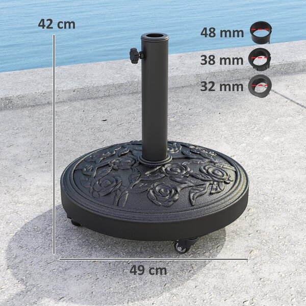 Outsunny Piede per ombrellone, base per ombrellone esterna in resina 21 kg, per palo Ø 32/38/48 mm, con ruote, Ø 49 x 42 cm, nero | Aosom Italy