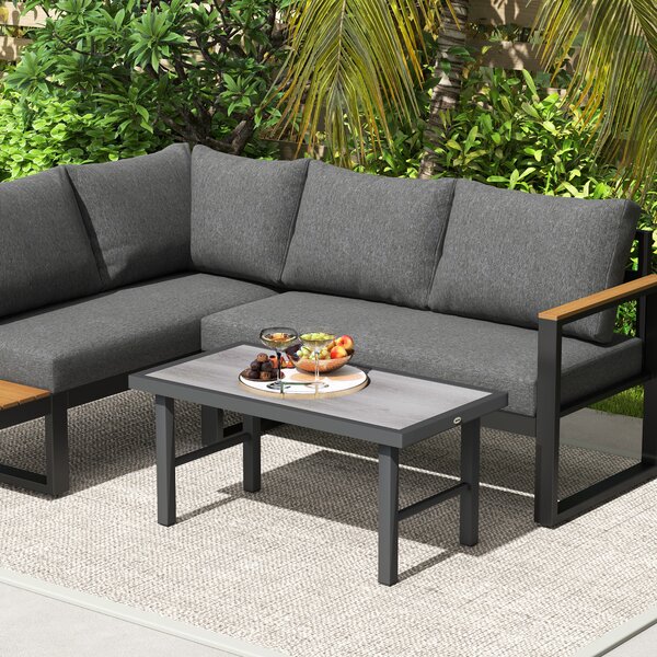 Outsunny Tavolino da giardino rettangolare con piano SPC effetto legno in metallo, 100 x 52 x 46 cm, nero | Aosom Italy