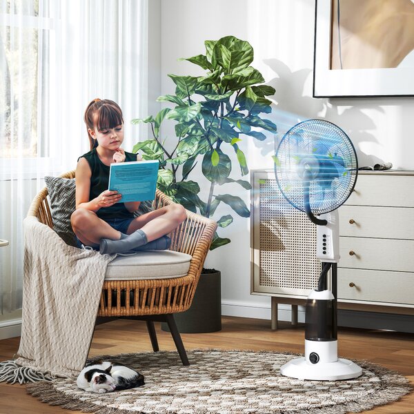 HOMCOM Ventilatore Nebulizzatore Oscillante 90 W Serbatoio 2,8L 3 Velocità 5 Pale e Ruote Ø44,5x120 cm Bianco | Aosom Italy