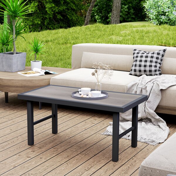 Outsunny Tavolino da giardino rettangolare con piano SPC effetto legno in metallo, 100 x 52 x 46 cm, nero | Aosom Italy