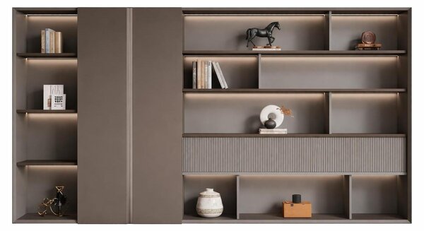 Armadio per ufficio elegante, color taupe, con un design curato e ampio spazio di archiviazione
