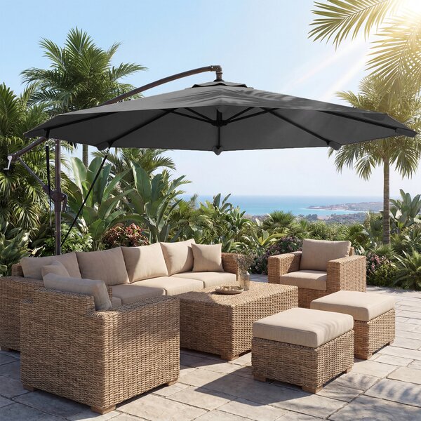 Outsunny Ombrellone a braccio ca. Ø300 cm Inclinabile Ombrellone con manovella Base a croce Corde antivento Copertura protettiva Grigio scuro | Aosom Italy
