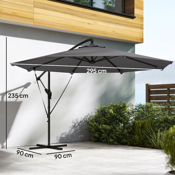 Outsunny Ombrellone a braccio ca. Ø300 cm Inclinabile Ombrellone con manovella Base a croce Corde antivento Copertura protettiva Grigio scuro | Aosom Italy