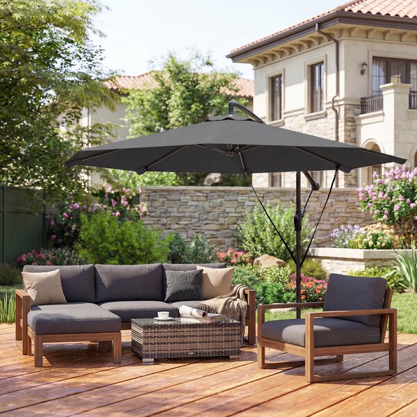 Outsunny Ombrellone a braccio ca. Ø300 cm Inclinabile Ombrellone con manovella Base a croce Corde antivento Copertura protettiva Grigio scuro | Aosom Italy