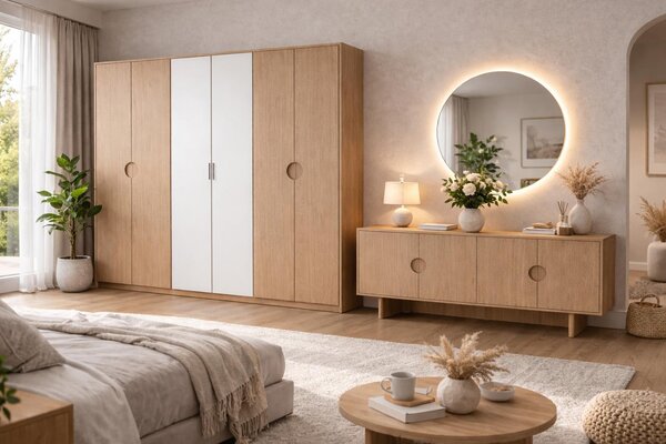 Set da camera da letto marrone, armadio lussuoso, consolle in legno, specchio