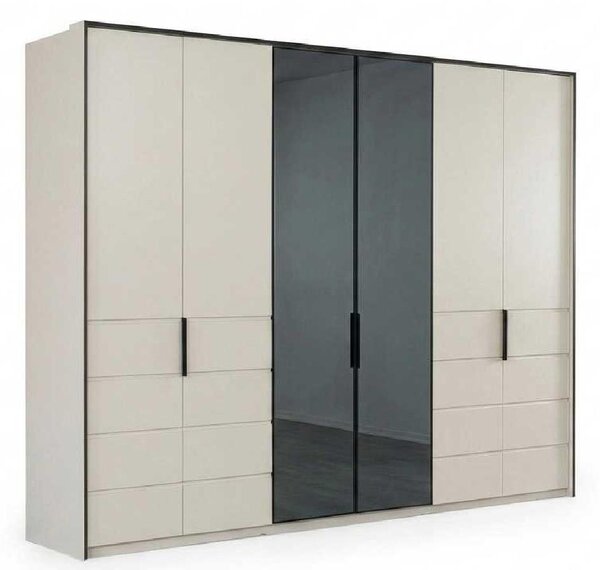 Armadio beige e nero, design moderno ed elegante. Armadio in vetro, parete attrezzata
