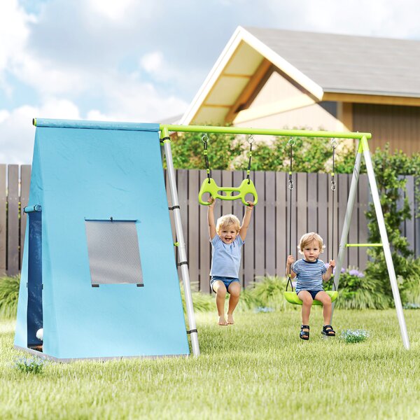 AIYAPLAY 3-in-1 Set altalena, tenda da gioco, altalena, anelli da ginnastica, metallo, plastica, verde | Aosom Italy