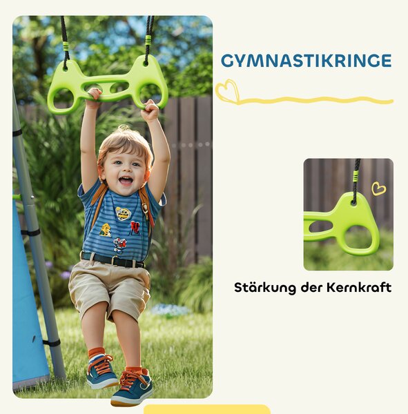 AIYAPLAY 3-in-1 Set altalena, tenda da gioco, altalena, anelli da ginnastica, metallo, plastica, verde | Aosom Italy