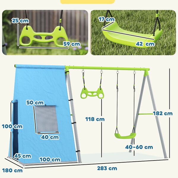 AIYAPLAY 3-in-1 Set altalena, tenda da gioco, altalena, anelli da ginnastica, metallo, plastica, verde | Aosom Italy