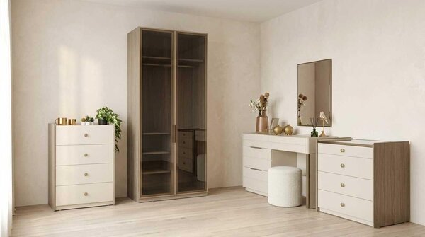 Set per camera da letto beige, moderno, composto da armadio, comodini e specchio