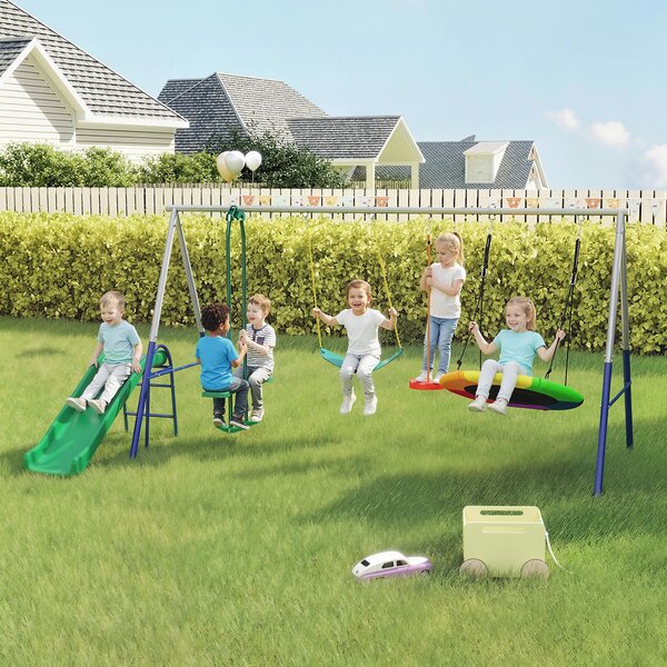 AIYAPLAY Altalena a Portico per Bambini 5 in 1 con Scivolo, 3 Altalene, Faccia a Faccia, Altezza Regolabile, 3-8 anni, Multicolore | Aosom Italy